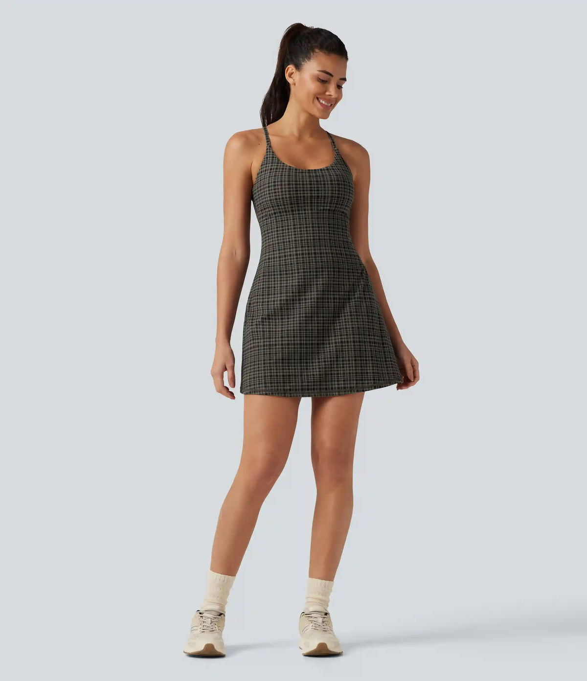 Halara UltraSculpt™ Plaid Print Built-in Bra 2-in-1 Mini Dance Active Dress with Pockets-Easy Peezy Edition