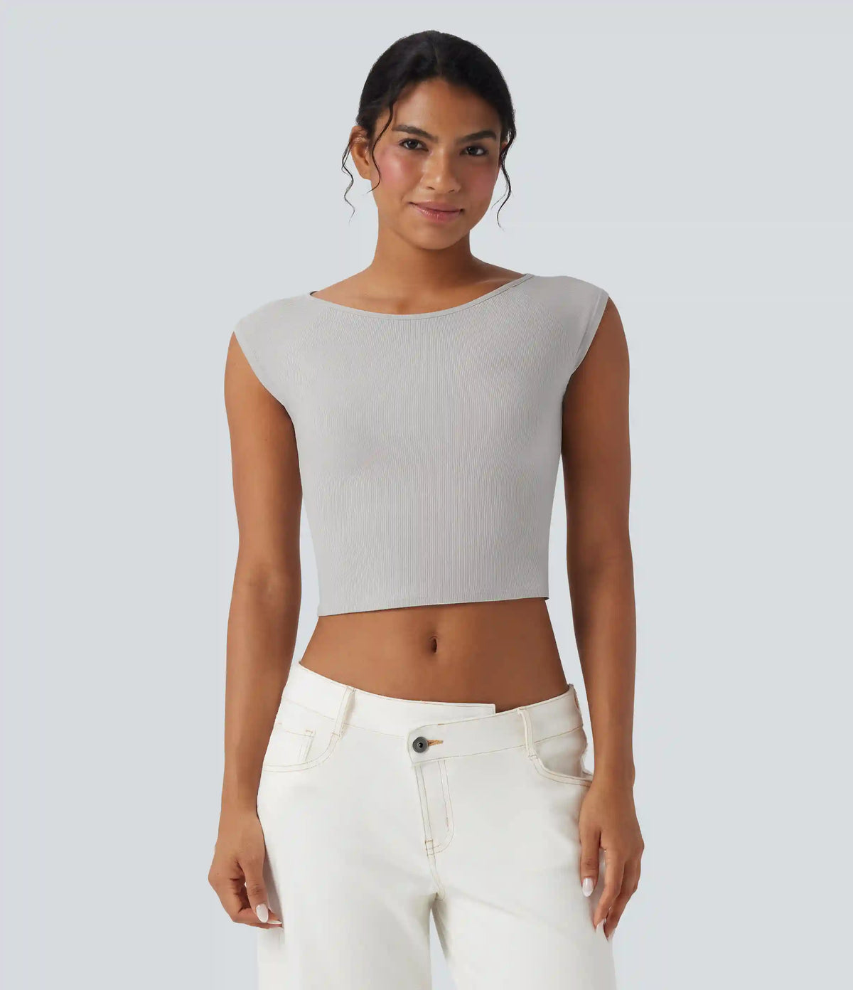 Ribbed Knit Boat Neck Short Sleeve Cropped Casual Top