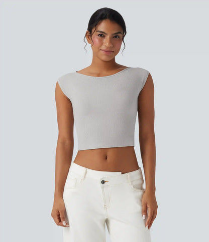 Ribbed Knit Boat Neck Short Sleeve Cropped Casual Top
