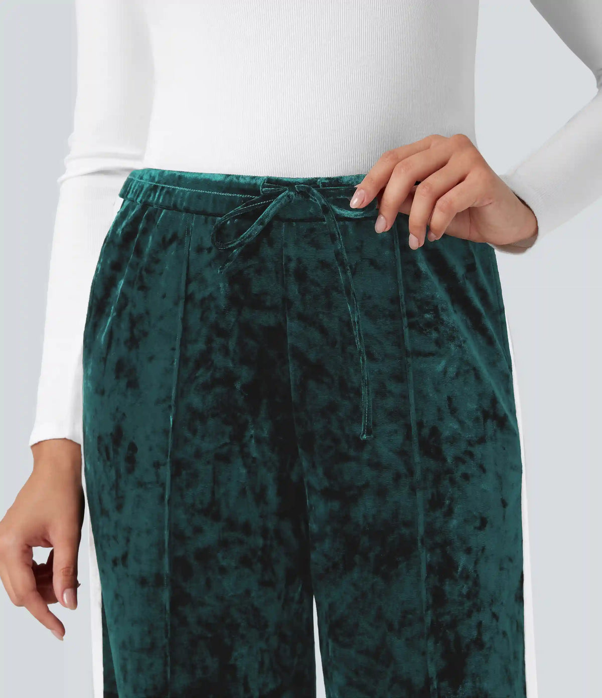 Mid Rise Drawstring Color Block Velvet Casual Straight Leg Pants with Pockets