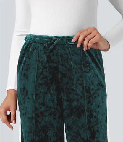 Mid Rise Drawstring Color Block Velvet Casual Straight Leg Pants with Pockets