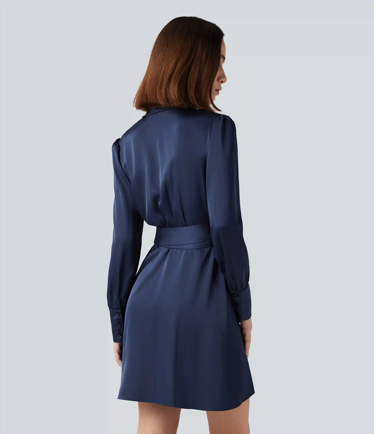 V Neck Long Sleeve Belted Mini Work Dress