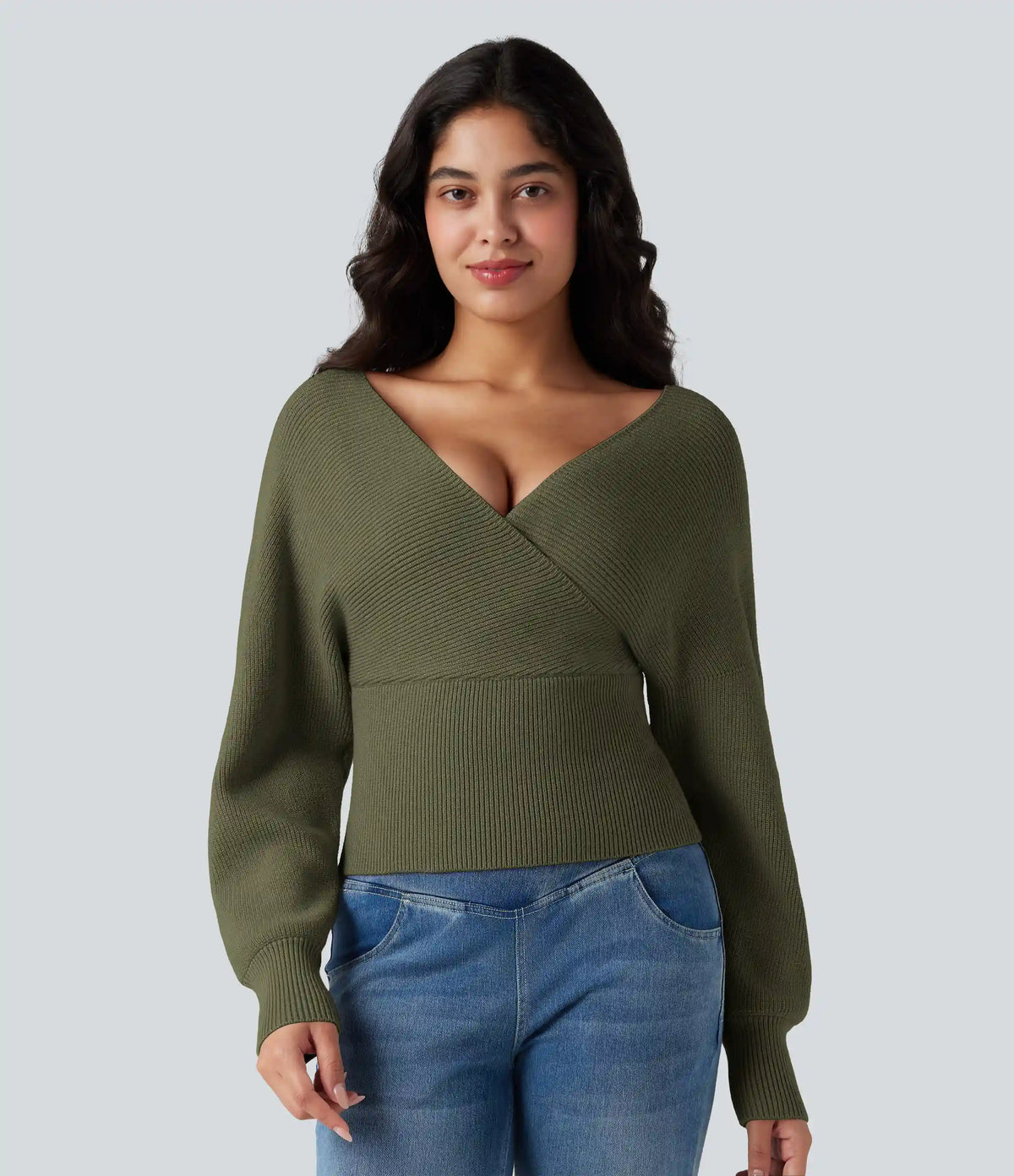 V-neck Batwing Long Sleeve Cut-out Casual Sweater