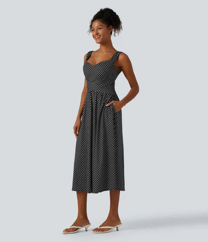 Sleeveless Backless Crossover Built-in Bra Polka Dot Midi Casual Flowy Dress with Pockets DD-F Cups