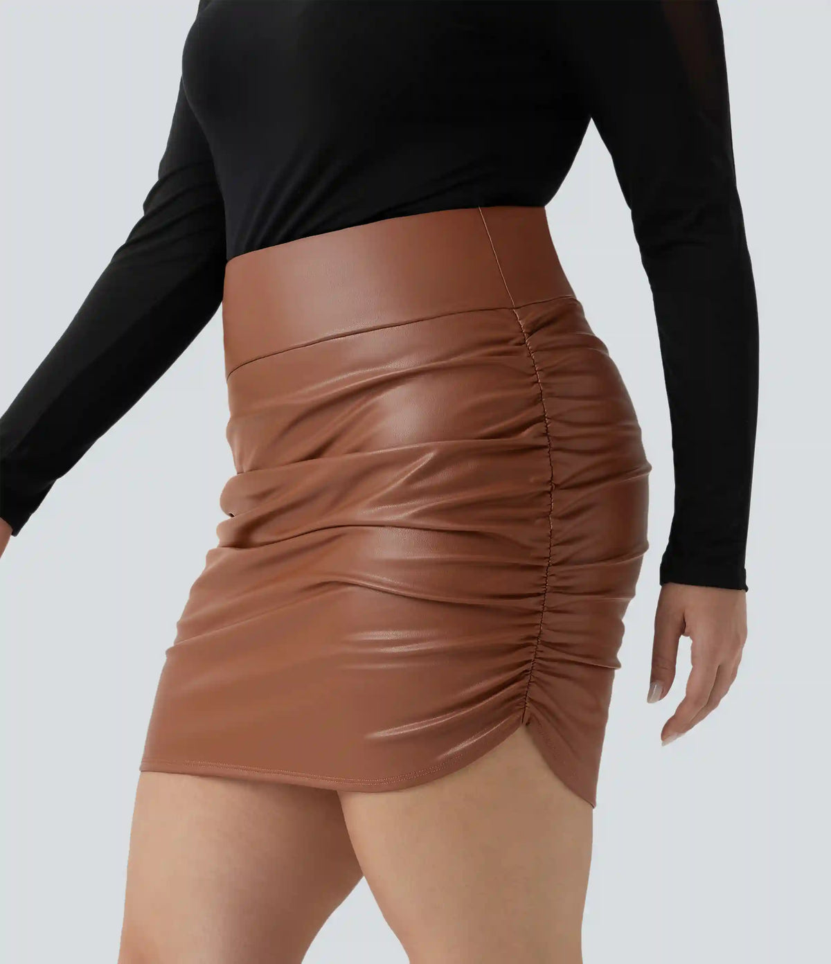 High Waisted Tummy Control Ruched Curved Hem 2-in-1 Fleece PU Mini Bodycon Party Plus Size Skirt