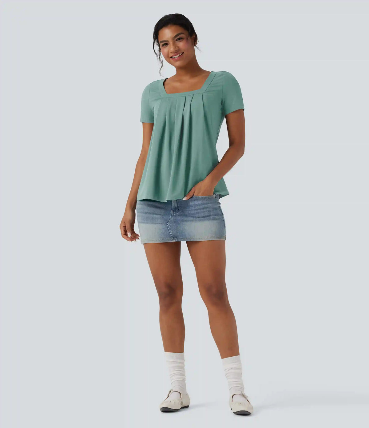 Square Neck Short Sleeve Casual Blouse
