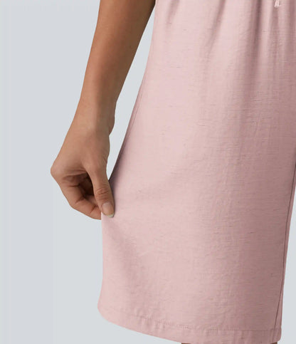 High Waisted Drawstring Casual Linen-Blend Bermuda Shorts 10'' with Pockets