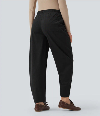 Mid Rise Drawstring Barrel Leg Corduroy Casual Pants with Pockets