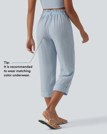 High Waisted Cropped Plaid Casual Linen-Feel Pants with Pockets