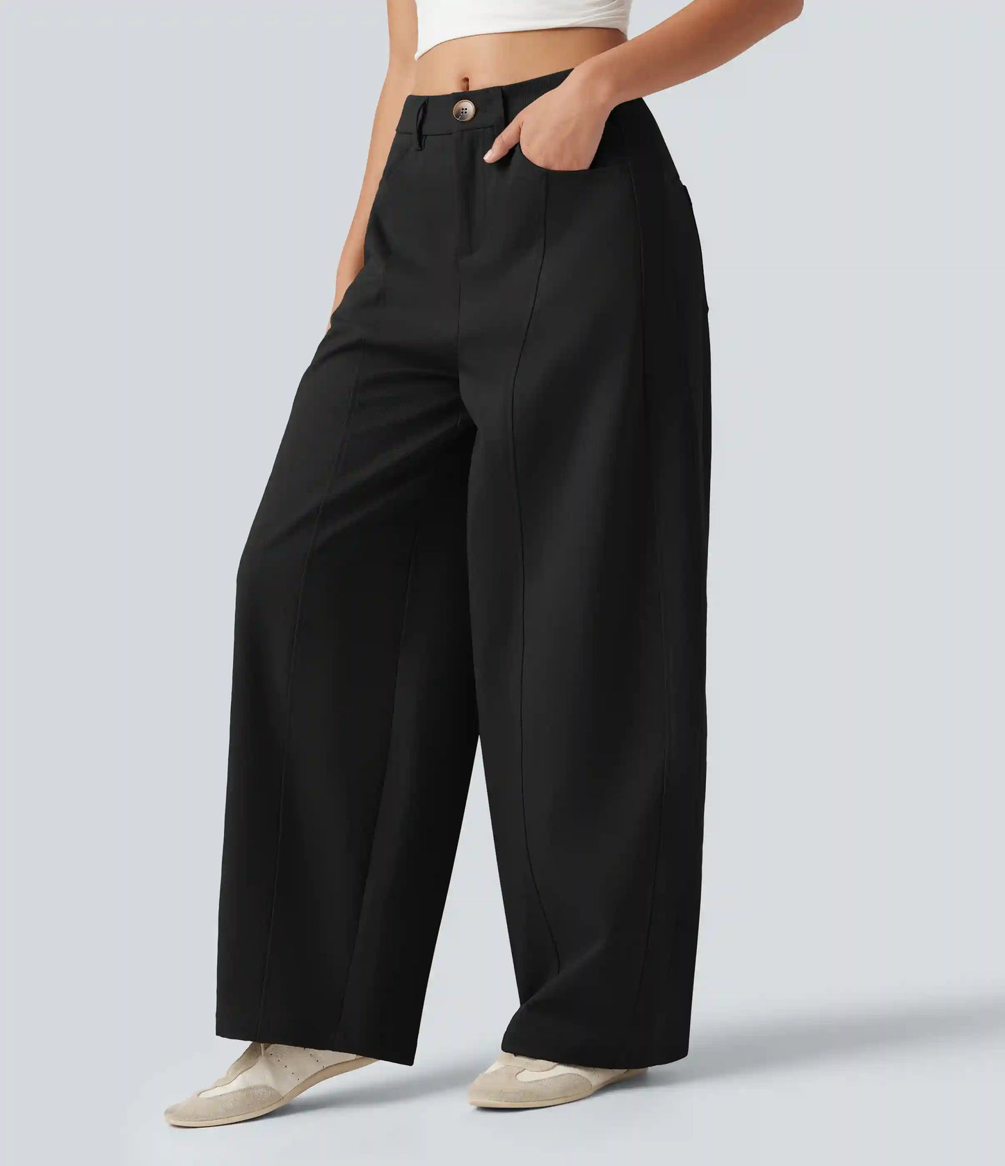 Mid Rise Casual Barrel Leg Pants with Pockets