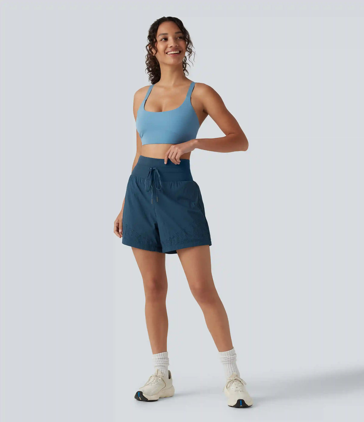 High Waisted Drawstring Eyelet Running Shorts 5'' with Pocket