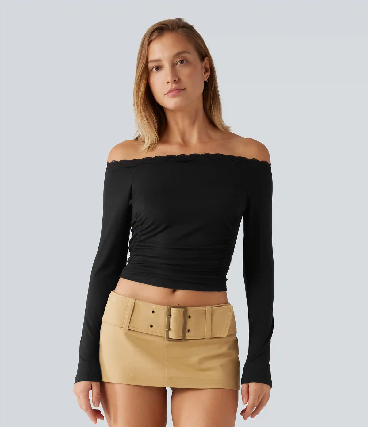 Ribbed Off Shoulder Long Sleeve Ruched Contrast Lace Casual Top