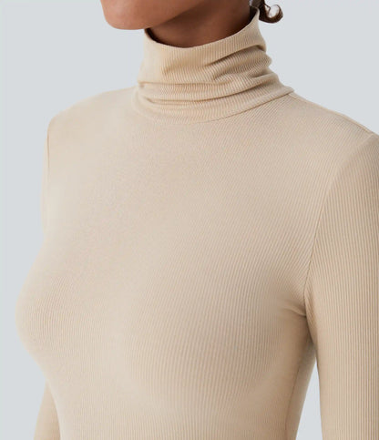 Ribbed Knit High Collar Long Sleeve Casual Top