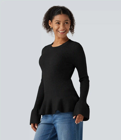 Round Neck Long Sleeve Ruffle Hem Slim Work Sweater