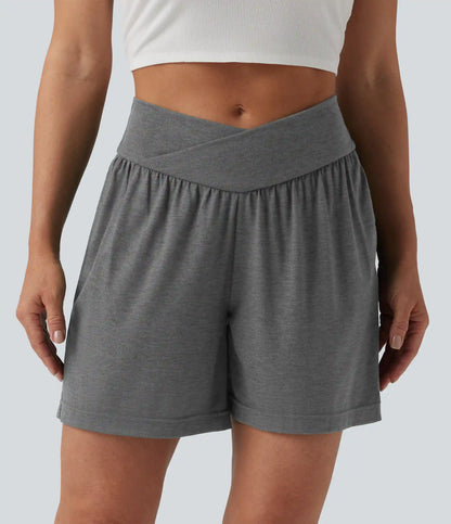 High Waisted Crossover Casual Shorts 5'' with Pockets