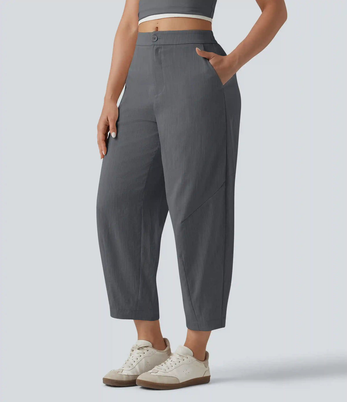 Mid Rise Linen-Feel Casual Barrel Leg Pants with Pockets