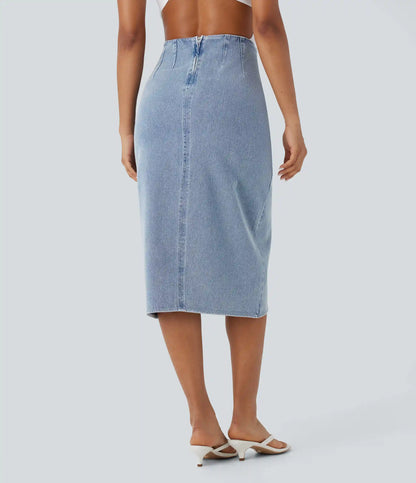 Halara Flex™ High Waisted Back Zipper Ruched Tulip Hem Midi Washed Denim Casual Skirt