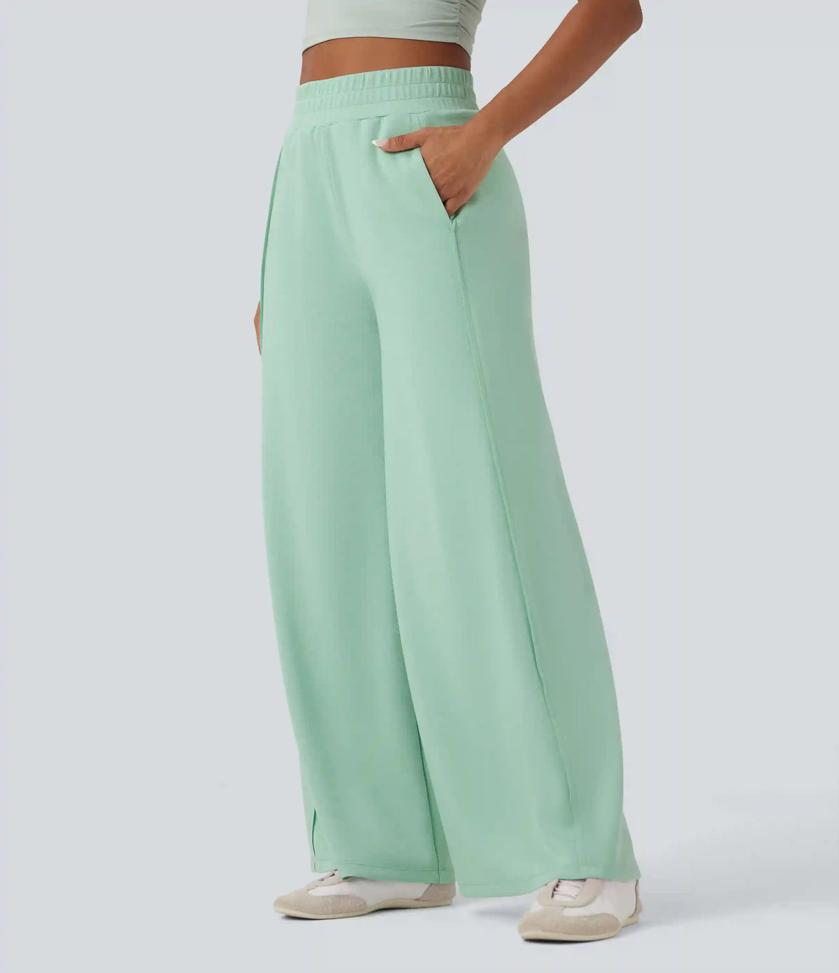 High Waisted Wide Leg Micro Waffle Casual Pants with Pockets