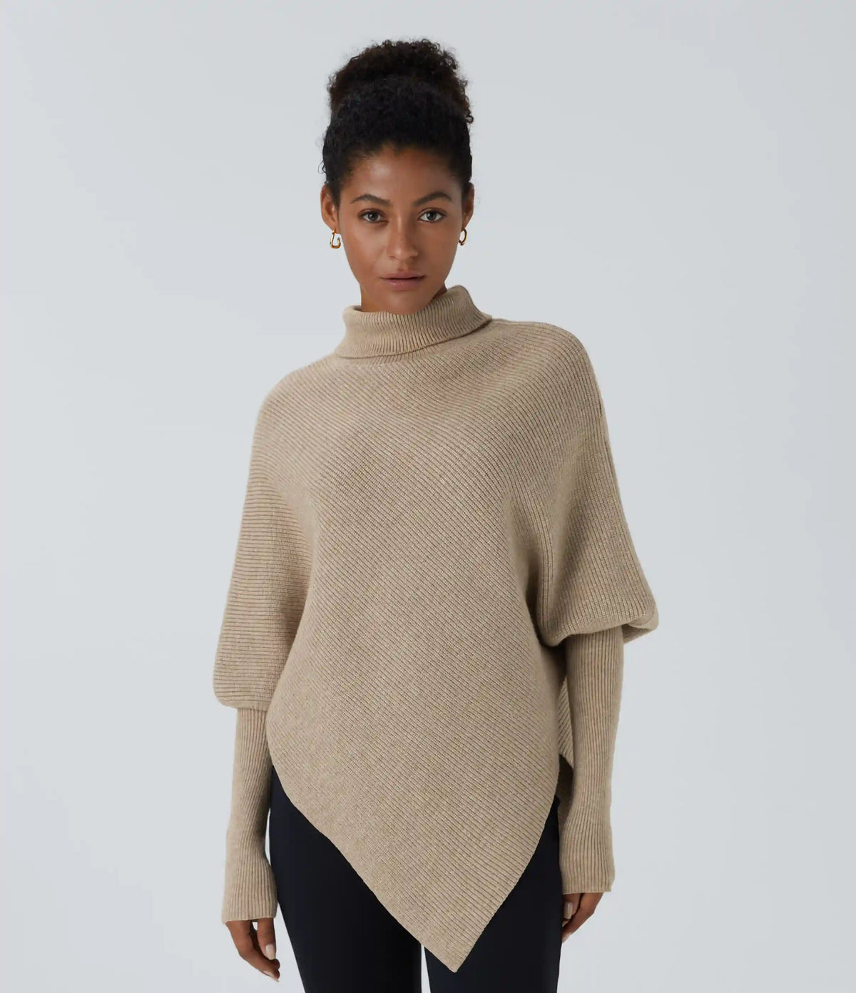 High Neck Long Sleeve Asymmetric Hem Work Sweater