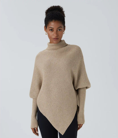 High Neck Long Sleeve Asymmetric Hem Work Sweater