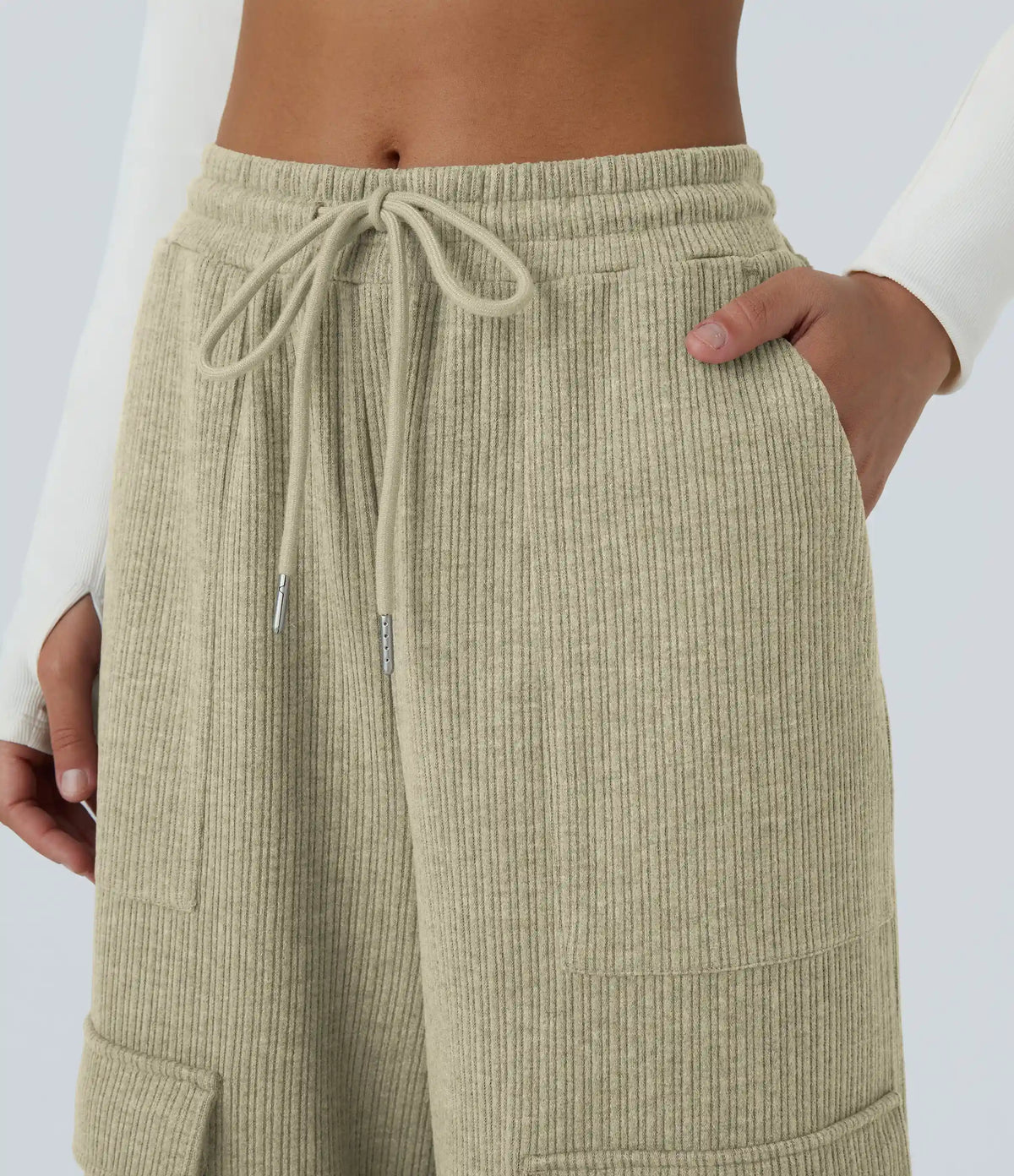 Ribbed Mid Rise Drawstring Pockets Wide Leg Cargo Casual Pants