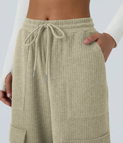 Ribbed Mid Rise Drawstring Pockets Wide Leg Cargo Casual Pants