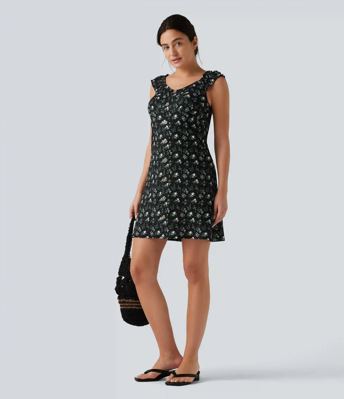 U-Neck Sleeveless Frill Ditsy Floral Built-in Bra Mini A-Line Resort Dress