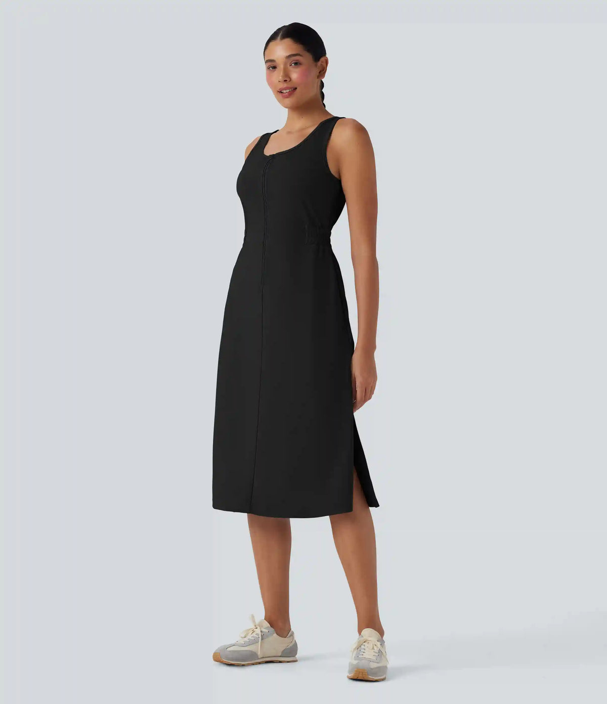U Neck Zipper Split Knee Length Hiking Active Dress