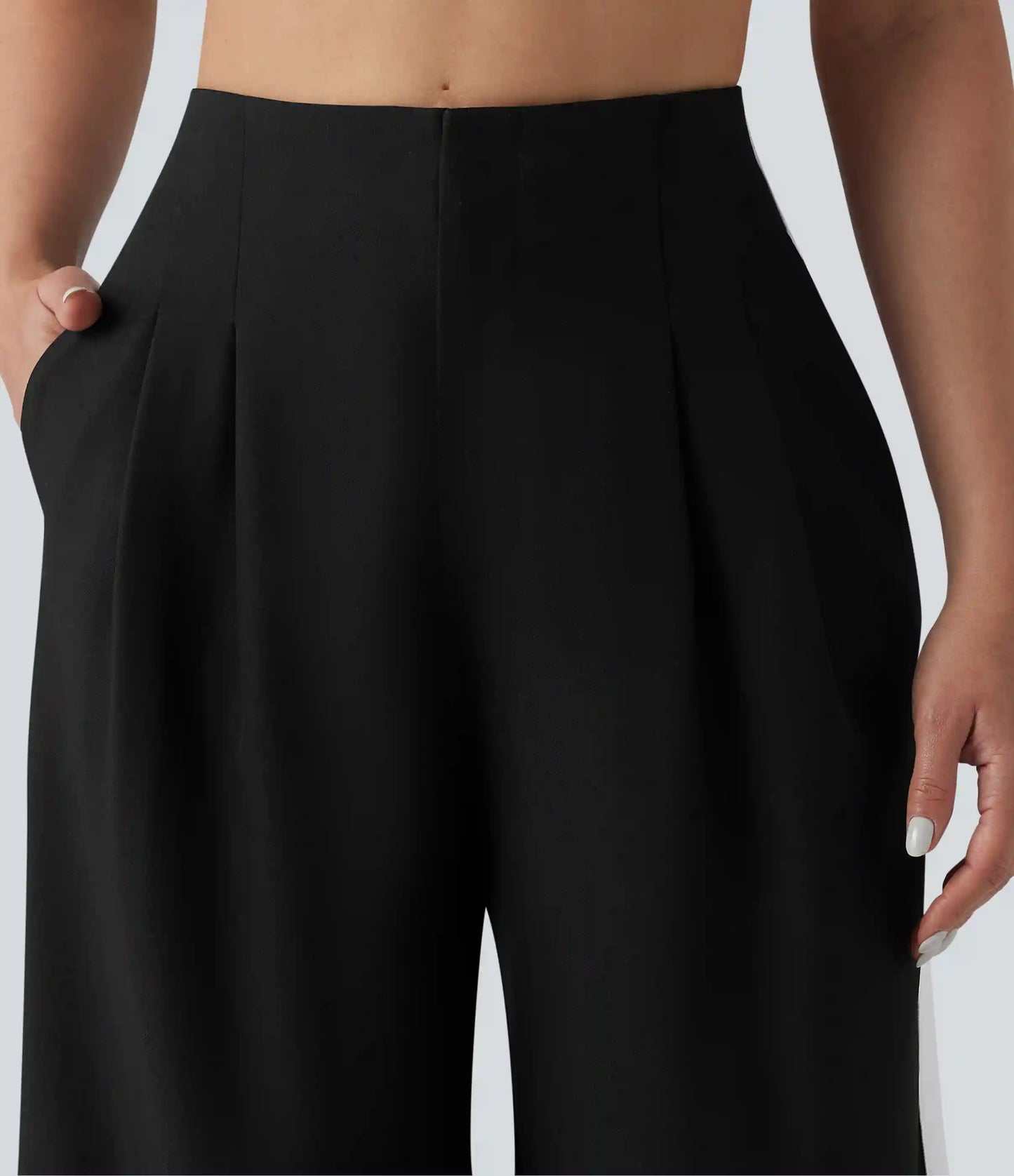 Wrinkle Recovery High Waisted Baggy Color Block Casual Linen-Feel Pants with Pockets