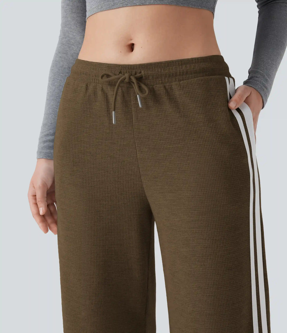 Low Rise Drawstring Color Block Snap Waffle Casual Wide Leg Pants with Pockets