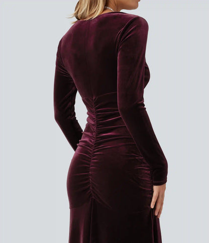 V Neck Long Sleeve Ruched Bodycon Velvet Party Maxi Dress