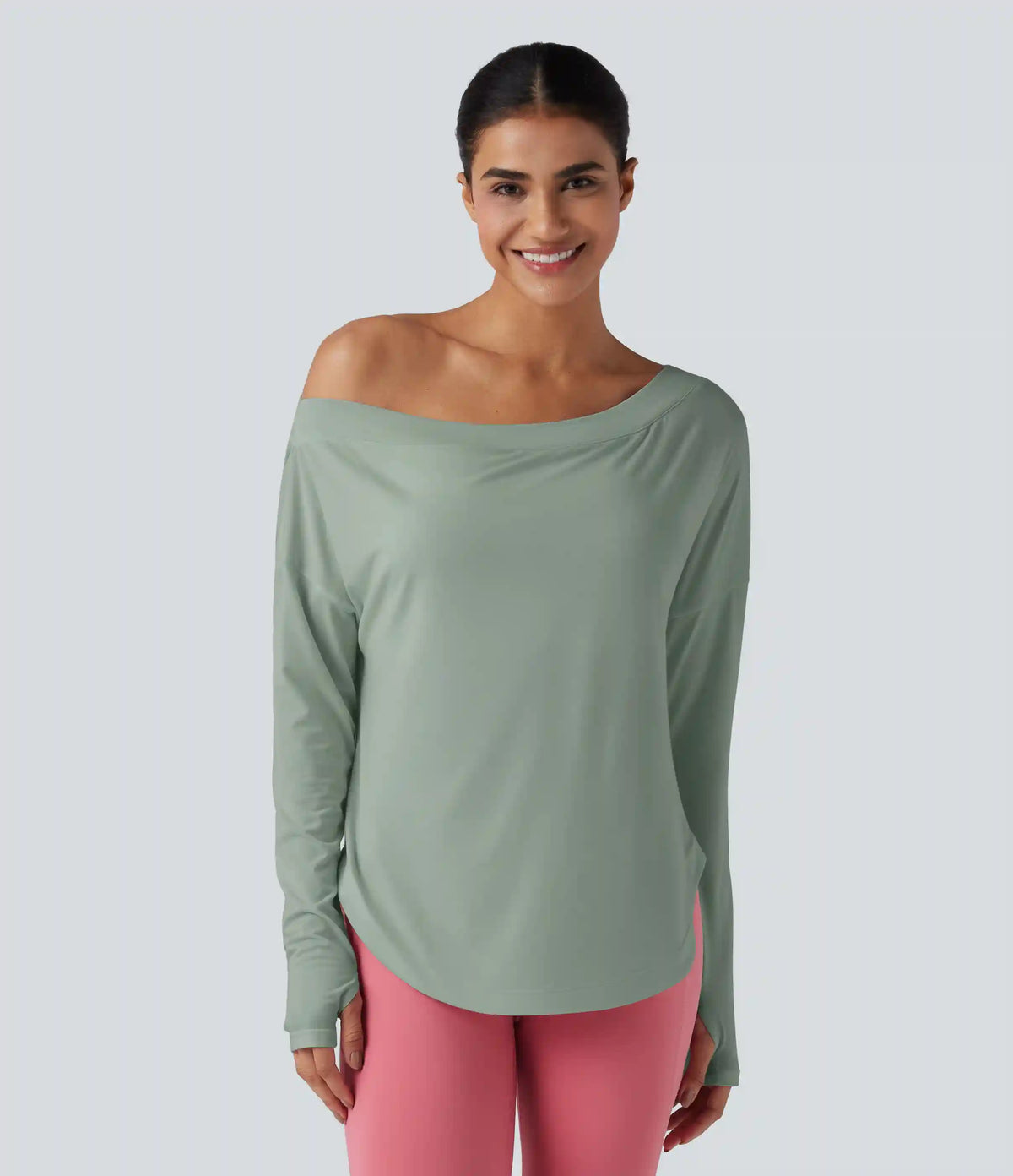 One Shoulder Long Sleeve Thumb Hole Curved Hem High Low Quick Dry Yoga Sports Top-Built-in Bra