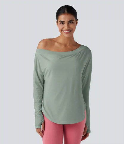 One Shoulder Long Sleeve Thumb Hole Curved Hem High Low Quick Dry Yoga Sports Top-Built-in Bra