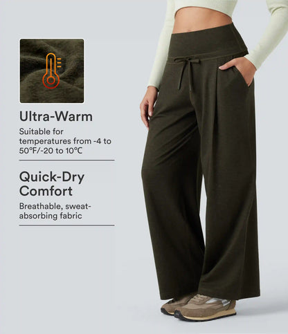 Foldover High Waisted Draswtring Quick Dry Heathered Casual Wide-leg Pants with Pockets