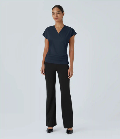 V Neck Cap Sleeve Crossover Ruched Solid Work Blouse