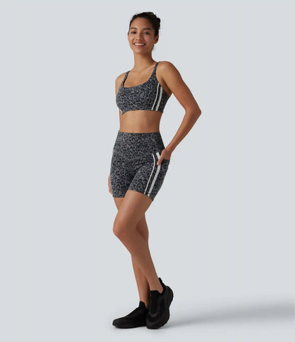 Halara UltraSculpt™ Leopard Print High Waisted Tummy Control Color Block Stripe Training Biker Shorts 5'' with Pockets