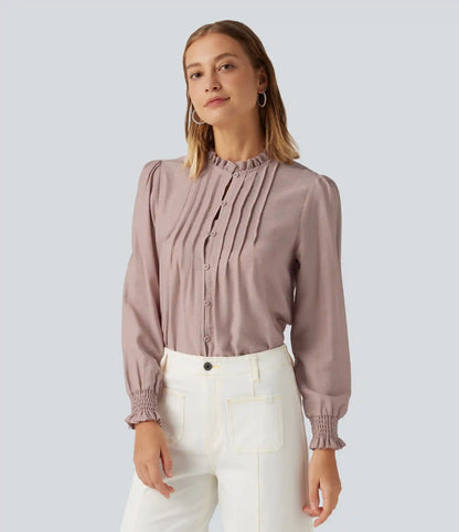 Ruffled Mock Neck Pleated Puff Long Sleeve Work Blouse