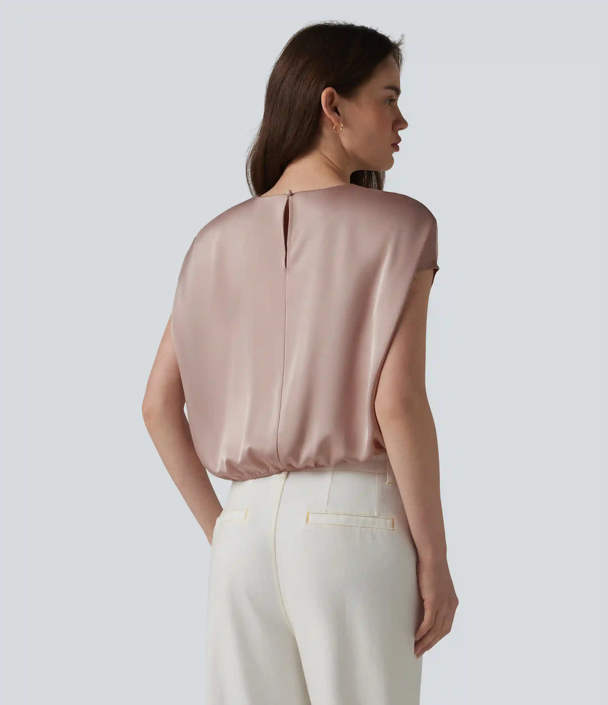 Round Neck Keyhole Back Cap Sleeve Satin Work Top