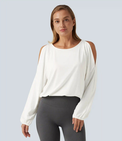 Quick Dry Boat Neck Cold Shoulder Long Sleeve Yoga Sports Top
