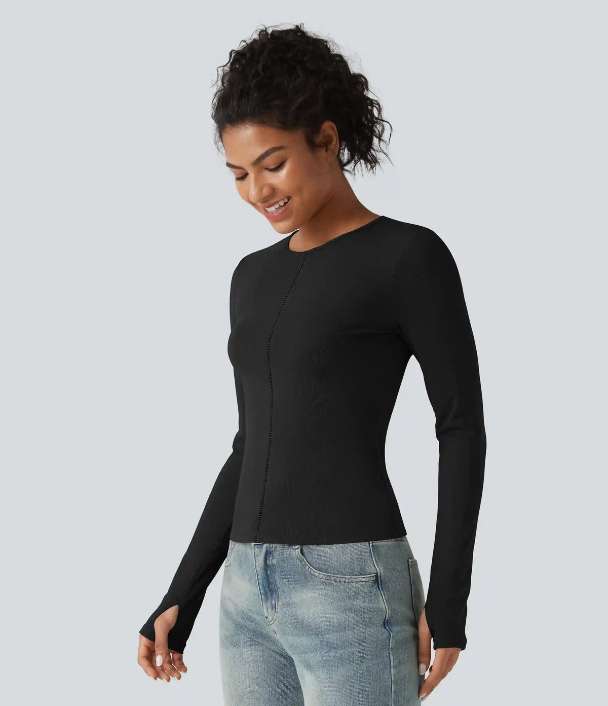 Ribbed Knit Round Neck Long Sleeve Thumb Holes Cut-out Casual T-Shirt