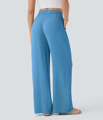 High Waisted Drawstring Pocket Wide Leg Baggy Casual Linen-Feel Pants