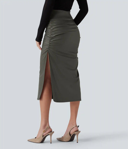 High Waisted Tummy Control Ruched Curved Hem 2-in-1 Fleece PU Midi Casual Skirt
