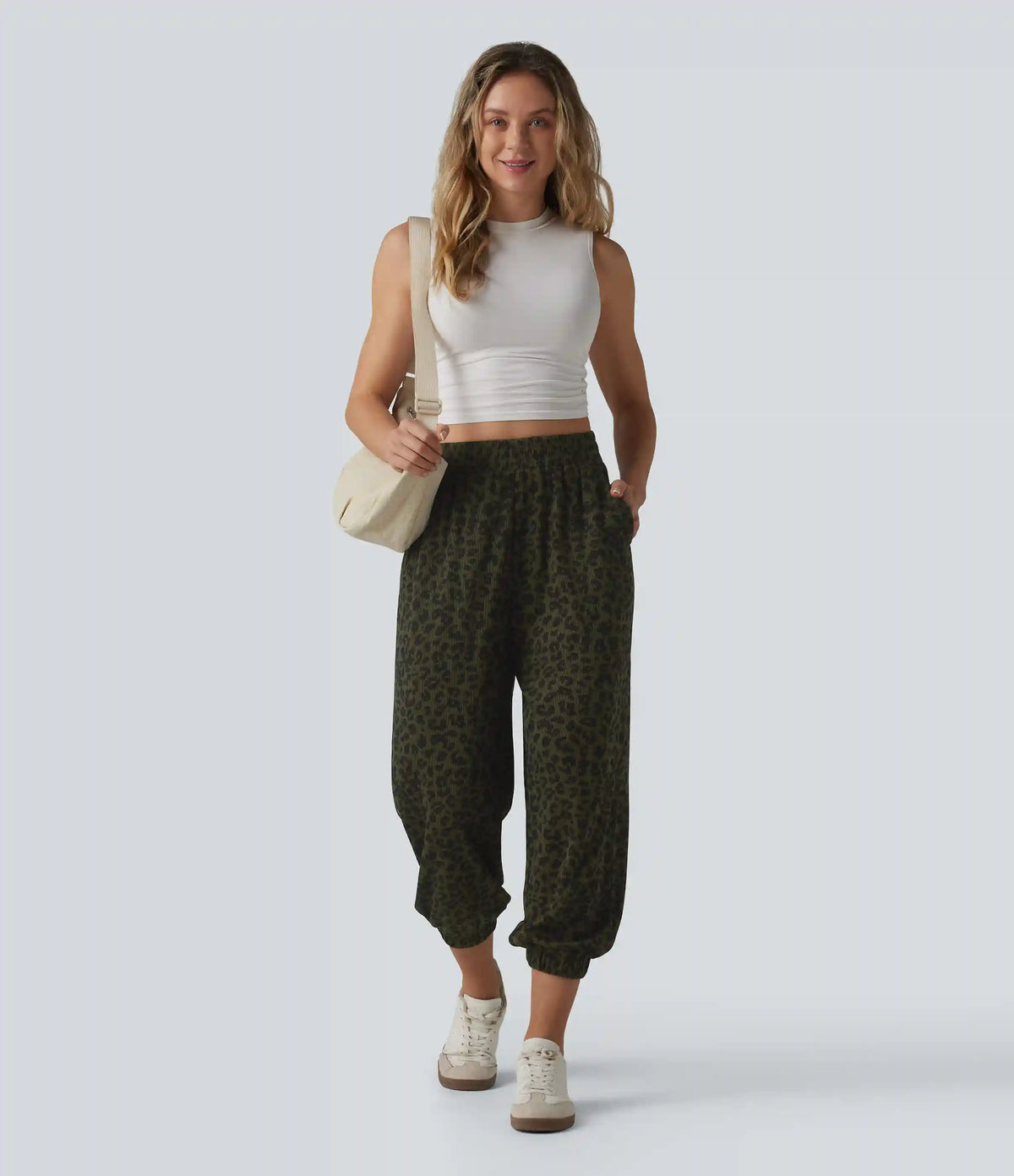 High Waisted Leopard Print Casual Cropped Baggy Joggers with Pockets