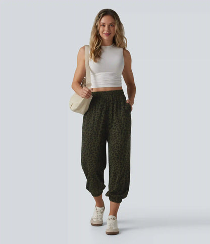 High Waisted Leopard Print Casual Cropped Baggy Joggers with Pockets