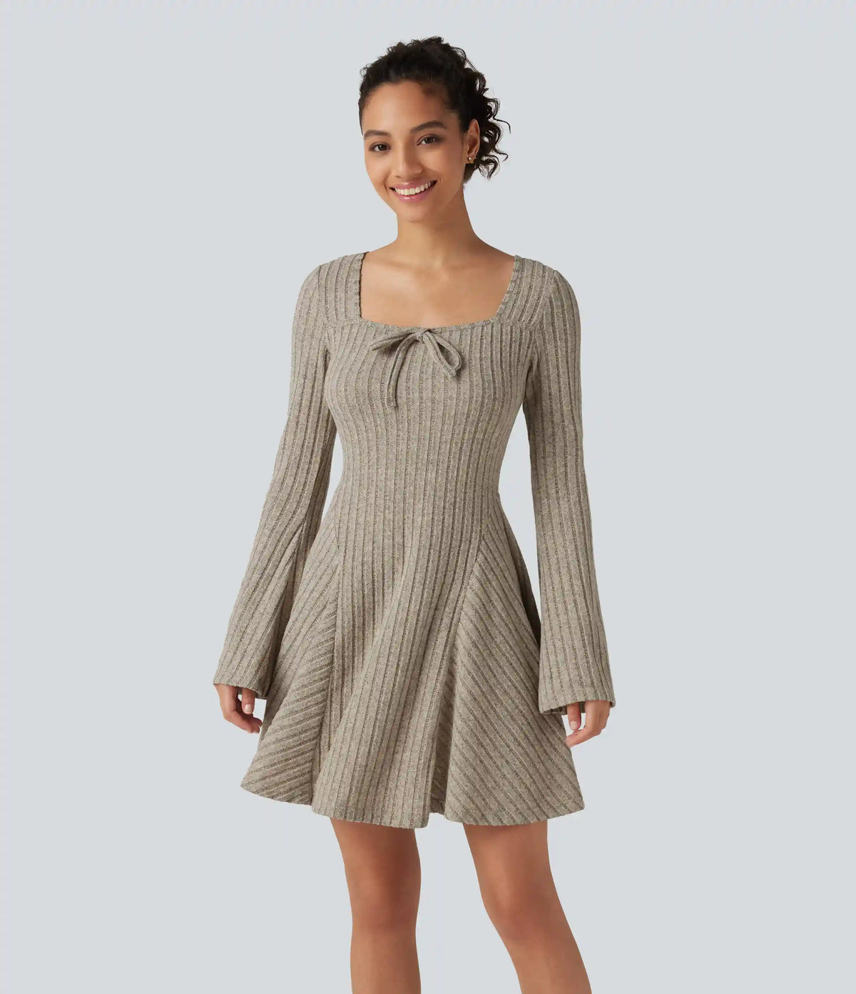 Ribbed Knit Square Neck Flounce Long Sleeve Decorative Knot Flare Mini Casual Dress