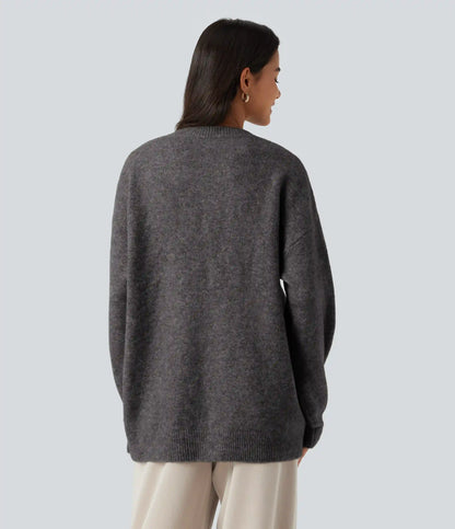 Round Neck Dropped Long Sleeve Work Wool-Blend Sweater