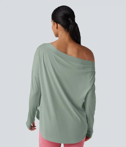 One Shoulder Long Sleeve Thumb Hole Curved Hem High Low Quick Dry Yoga Sports Top-Built-in Bra
