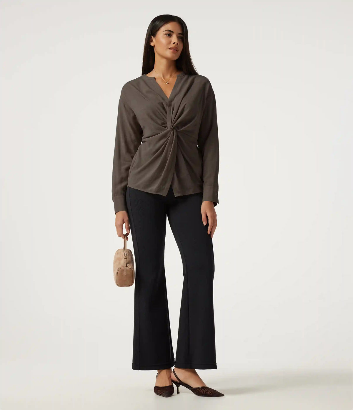 V Neck Twisted Long Sleeve Tie Back Casual Linen-Feel Blouse