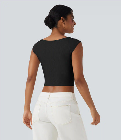 Ribbed Knit Boat Neck Short Sleeve Cropped Casual Top