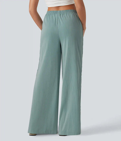 Mid Rise Drawstring Contrast Lace 2-in-1 Casual Linen-Feel Baggy Pants with Pockets